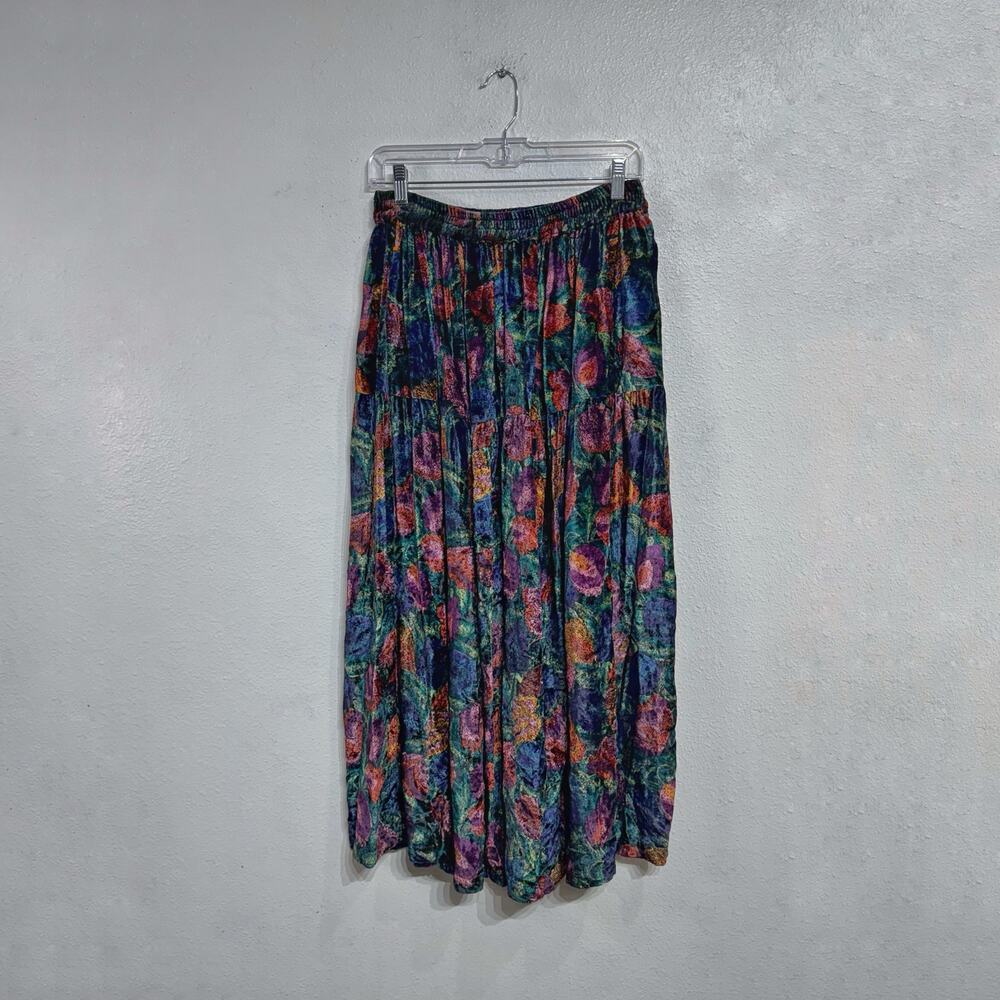 PHOOL Navy Abstract Floral Velvet Burnout Jewel Tone Boho Midi Skirt Sz S - Picture 2 of 9